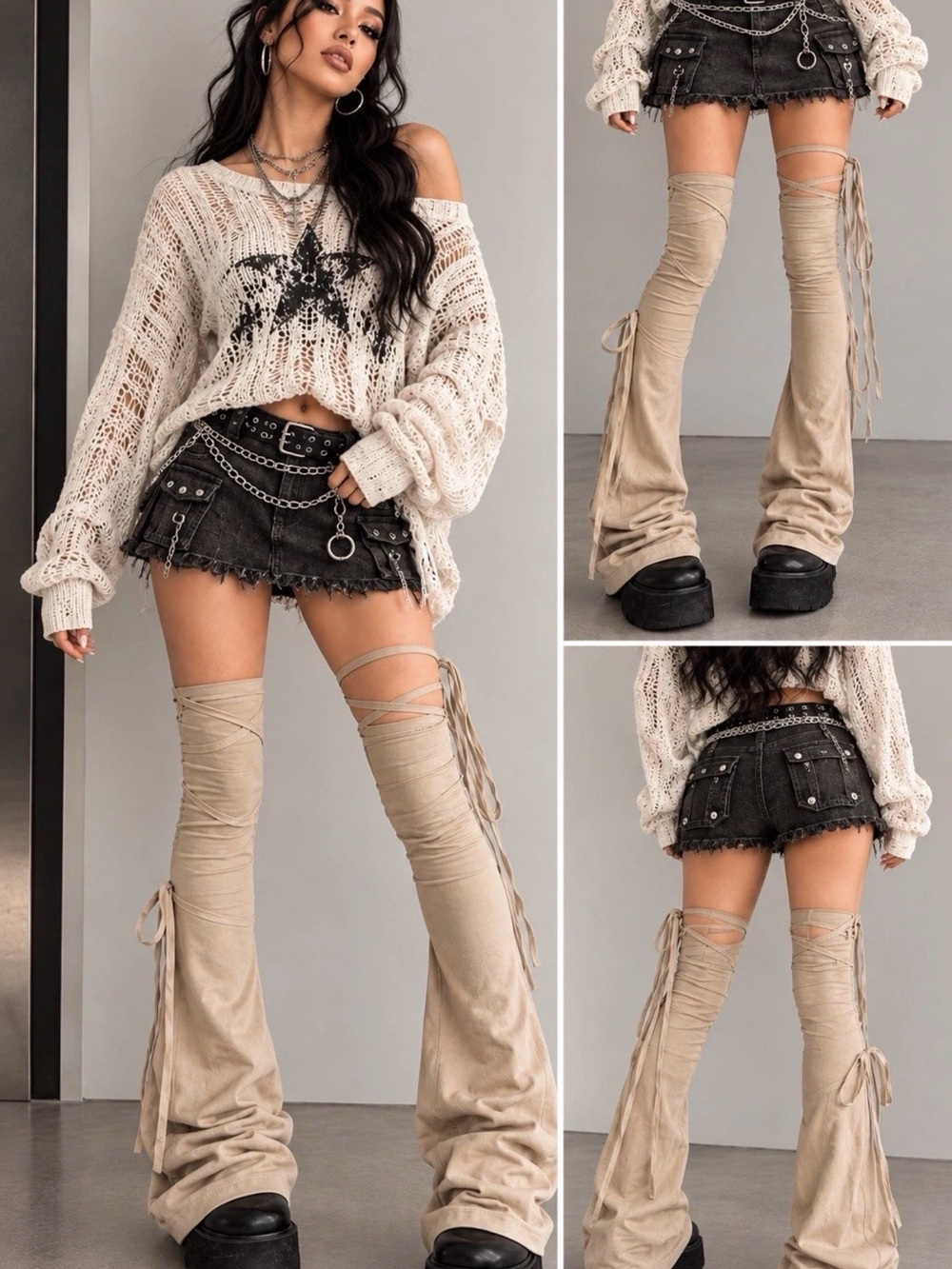 Beige Lace-Up Flared Over-The-Knee Socks & Leggings
